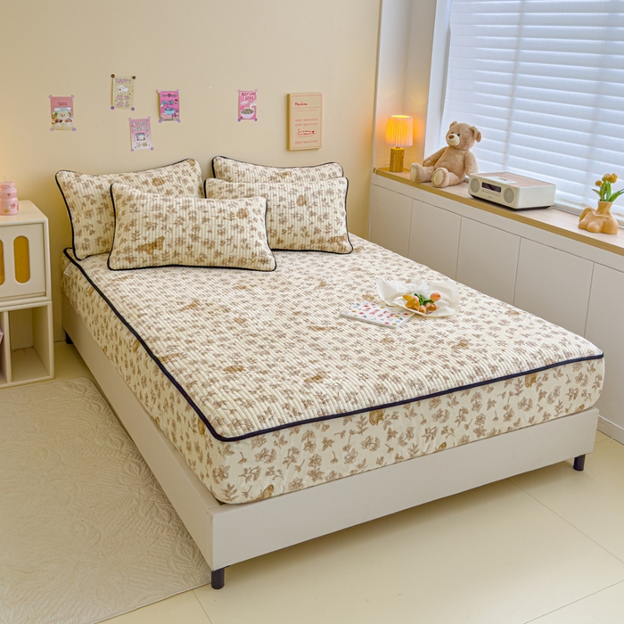 91家纺网 家纺一手货源 找家纺 金丝鸟 2024新款牛奶绒夹棉床笠 飞花咖 夹棉床笠