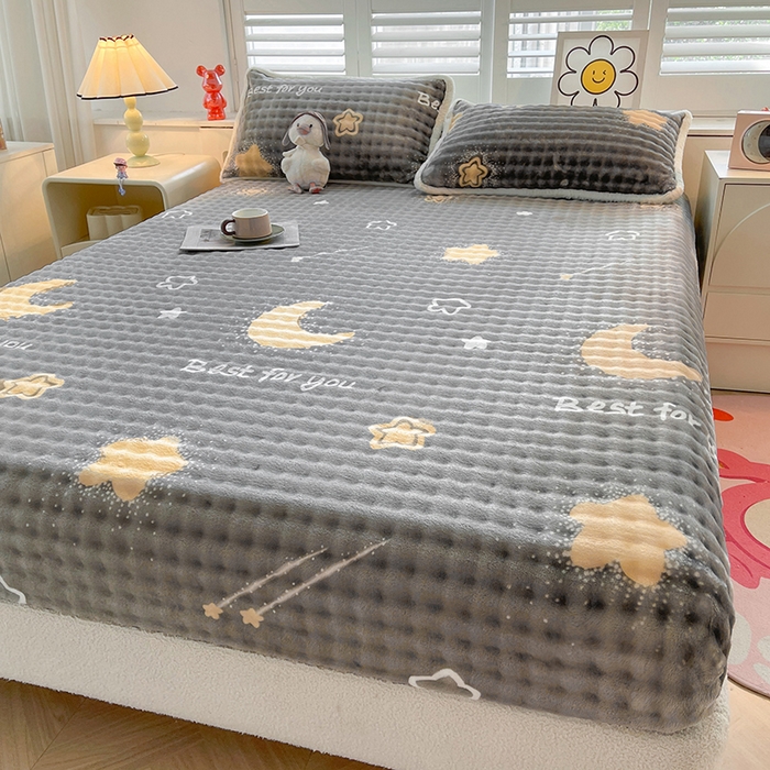 91家纺网 家纺一手货源 找家纺 喜居 2024新款A类兔毛泡泡牛奶绒床笠单床笠三件套 流星