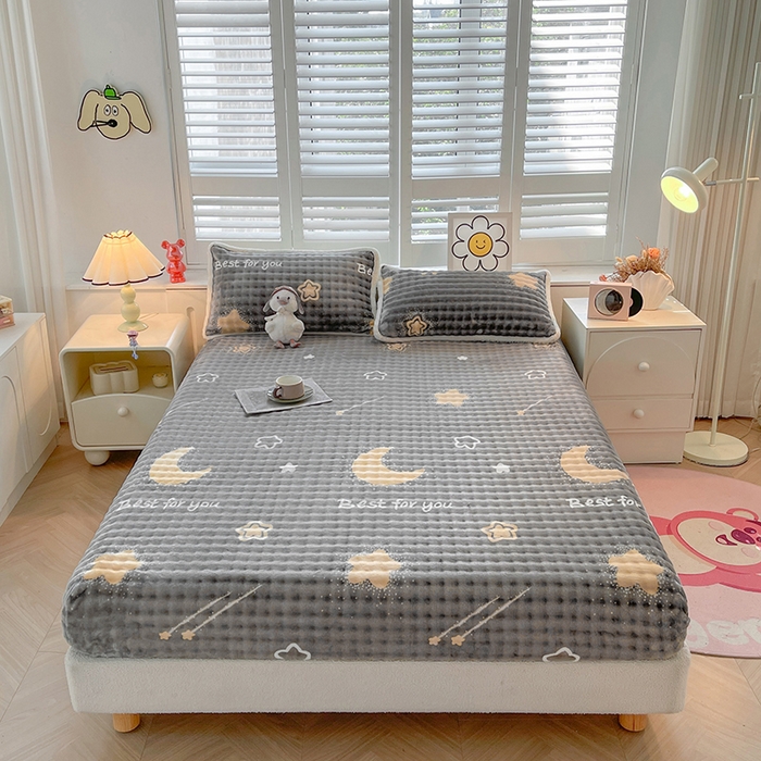 91家纺网 家纺一手货源 找家纺 喜居 2024新款A类兔毛泡泡牛奶绒床笠单床笠三件套 流星