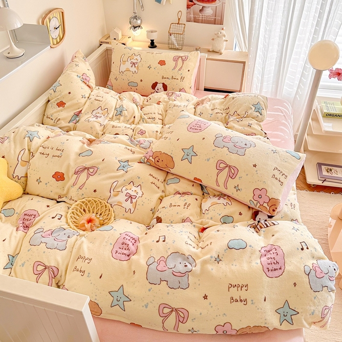 91家纺网 家纺一手货源 找家纺 呗旺鹿 2024新款高克重卡通印花毛巾绣牛奶绒四件套 宠物音乐会