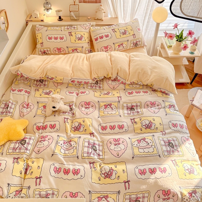 91家纺网 家纺一手货源 找家纺 呗旺鹿 2024新款高克重卡通印花毛巾绣牛奶绒四件套 蝴蝶结小狗-粉