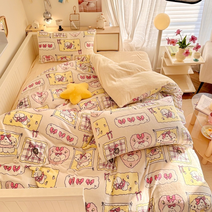 91家纺网 家纺一手货源 找家纺 呗旺鹿 2024新款高克重卡通印花毛巾绣牛奶绒四件套 蝴蝶结小狗-粉