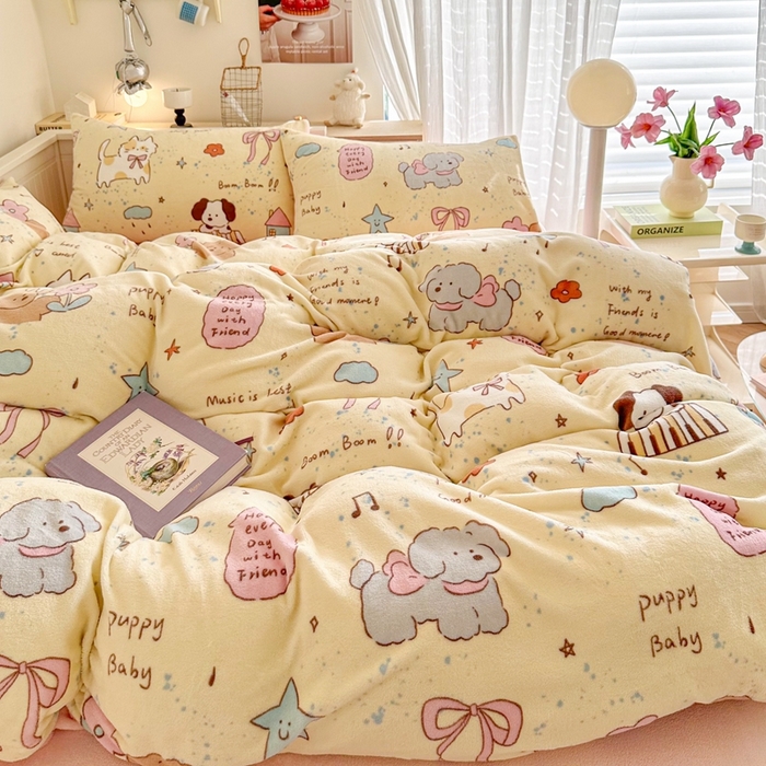 91家纺网 家纺一手货源 找家纺 呗旺鹿 2024新款高克重卡通印花毛巾绣牛奶绒四件套 宠物音乐会