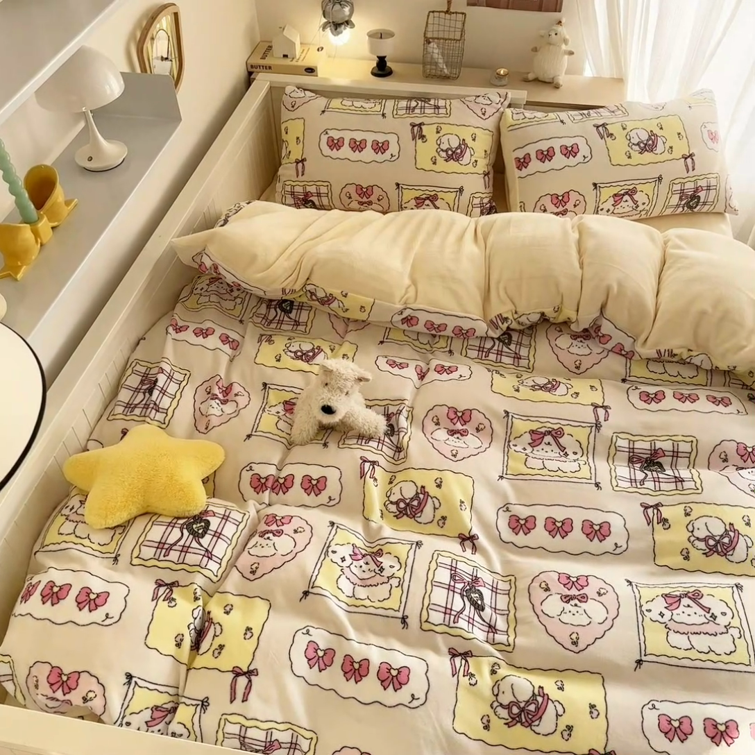 91家纺网 家纺一手货源 找家纺 呗旺鹿 2024新款高克重卡通印花毛巾绣牛奶绒四件套 蝴蝶结小狗-粉