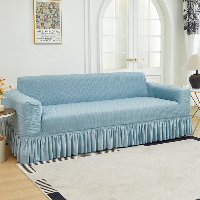 91家纺网 家纺一手货源 找家纺 丝绮鹿 2024新款提花绒水波纹系列沙发套裙摆宽（双人图） 雾蓝