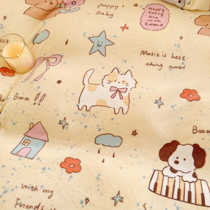 91家纺网 家纺一手货源 找家纺 呗旺鹿 2024新款高克重卡通印花毛巾绣牛奶绒四件套 宠物音乐会