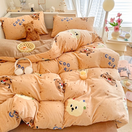呗旺鹿 2024新款高克重卡通印花毛巾绣牛奶绒四件套 萌宠曲奇