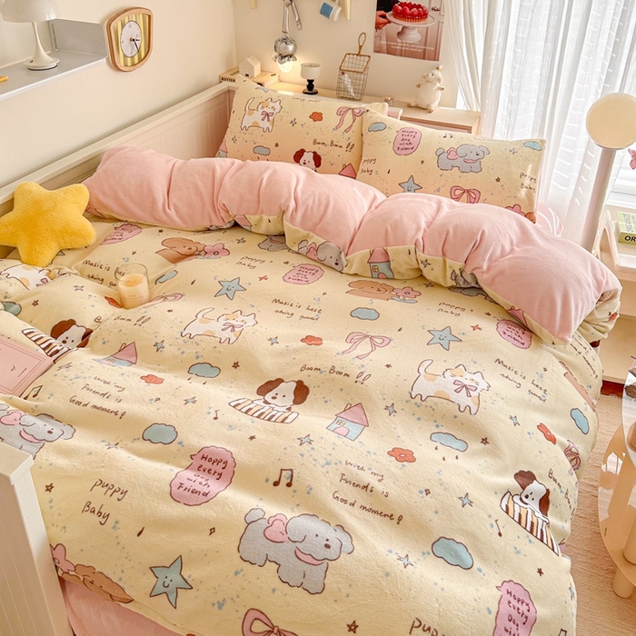 91家纺网 家纺一手货源 找家纺 呗旺鹿 2024新款高克重卡通印花毛巾绣牛奶绒四件套 宠物音乐会