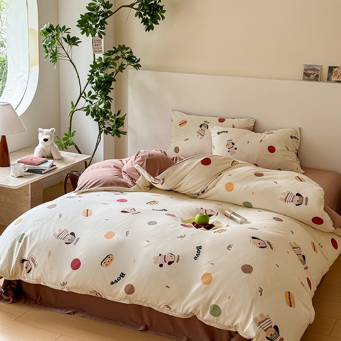 91家纺网 家纺一手货源 找家纺 华超针织 2024新款全棉天竺棉印花四件套系列 面包狗