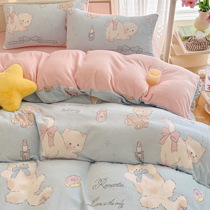 呗旺鹿 2024新款高克重卡通印花毛巾绣牛奶绒四件套 咪咪乐园