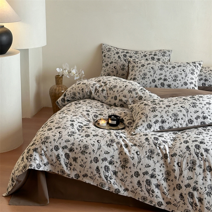 91家纺网 家纺一手货源 找家纺 梦享生活家居 2024新款双层纱黑灰提花系列四件套 白茶清欢