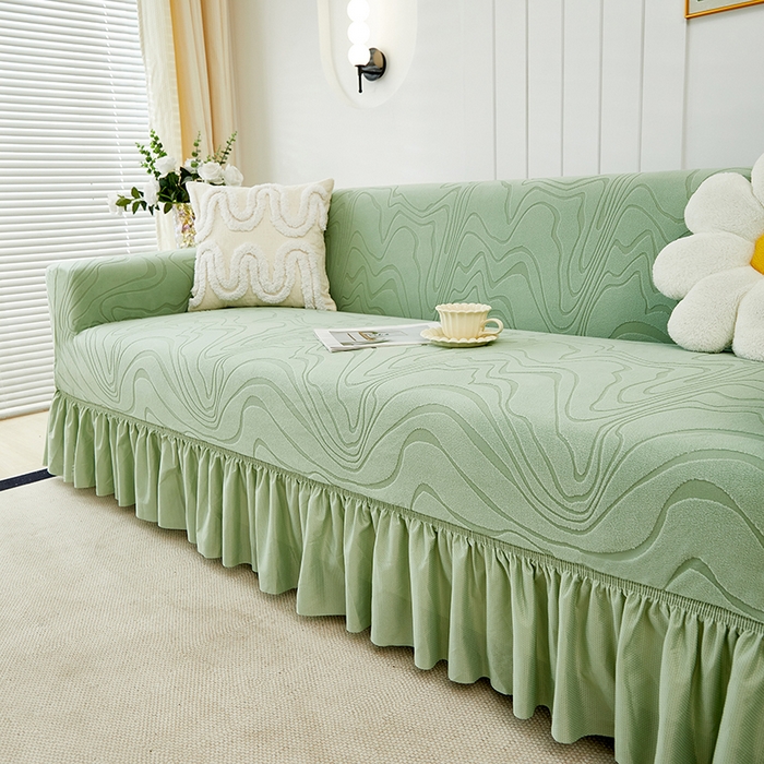 91家纺网 家纺一手货源 找家纺 丝绮鹿 2024新款雕花绒曲意系列沙发套裙边款（三人图） 草绿