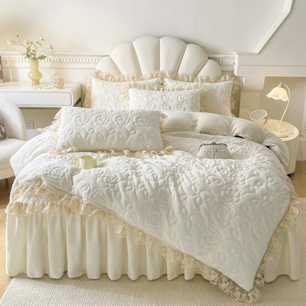 91家纺网 家纺一手货源 找家纺 （总）恋尚 2024新款牛奶绒夹棉床笠式床裙四件套-奥丽莎