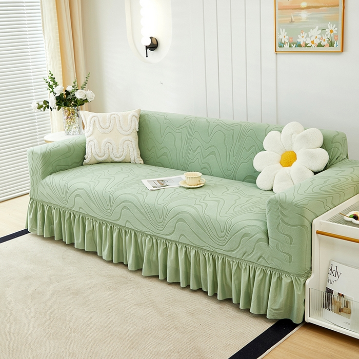 91家纺网 家纺一手货源 找家纺 丝绮鹿 2024新款雕花绒曲意系列沙发套裙边款（三人图） 草绿