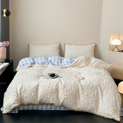 桔子家纺 2024新款兔兔绒立体雕花蝴蝶结系列四件套 米白雏菊