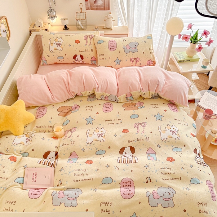 91家纺网 家纺一手货源 找家纺 呗旺鹿 2024新款高克重卡通印花毛巾绣牛奶绒四件套 宠物音乐会