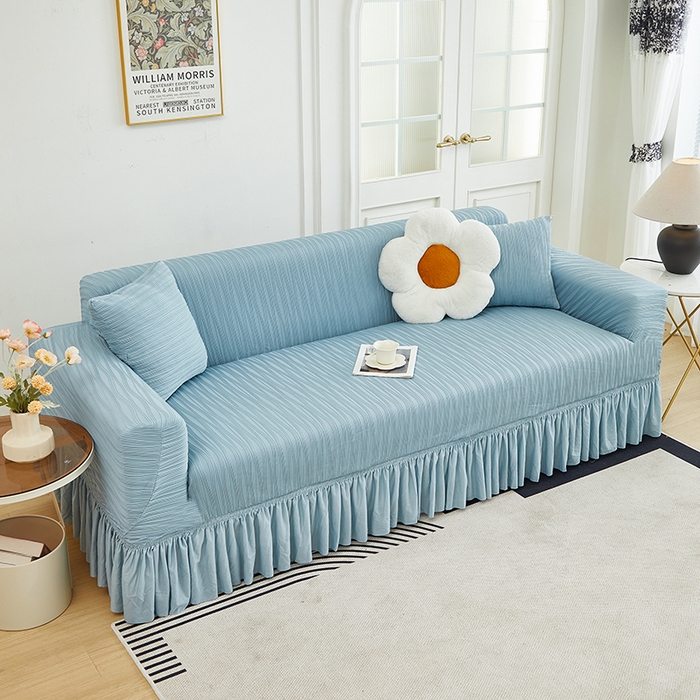 91家纺网 家纺一手货源 找家纺 丝绮鹿 2024新款提花绒水波纹系列沙发套裙摆宽（双人图） 雾蓝