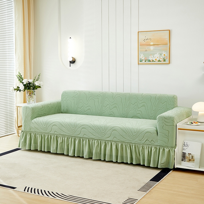 91家纺网 家纺一手货源 找家纺 丝绮鹿 2024新款雕花绒曲意系列沙发套裙边款（三人图） 草绿