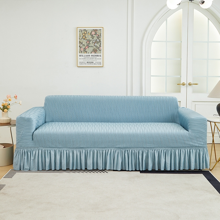 91家纺网 家纺一手货源 找家纺 丝绮鹿 2024新款提花绒水波纹系列沙发套裙摆宽（双人图） 雾蓝