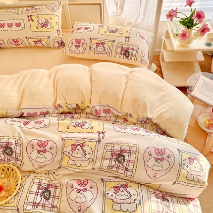 呗旺鹿 2024新款高克重卡通印花毛巾绣牛奶绒四件套 蝴蝶结小狗-粉