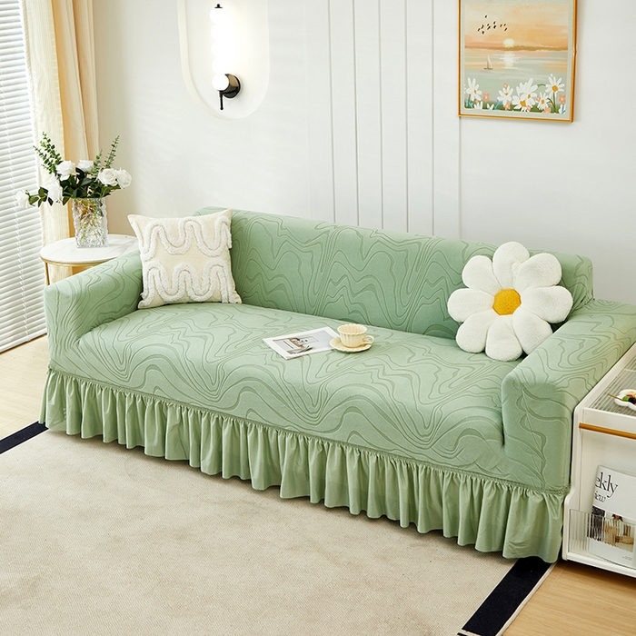 91家纺网 家纺一手货源 找家纺 丝绮鹿 2024新款雕花绒曲意系列沙发套裙边款（三人图） 草绿