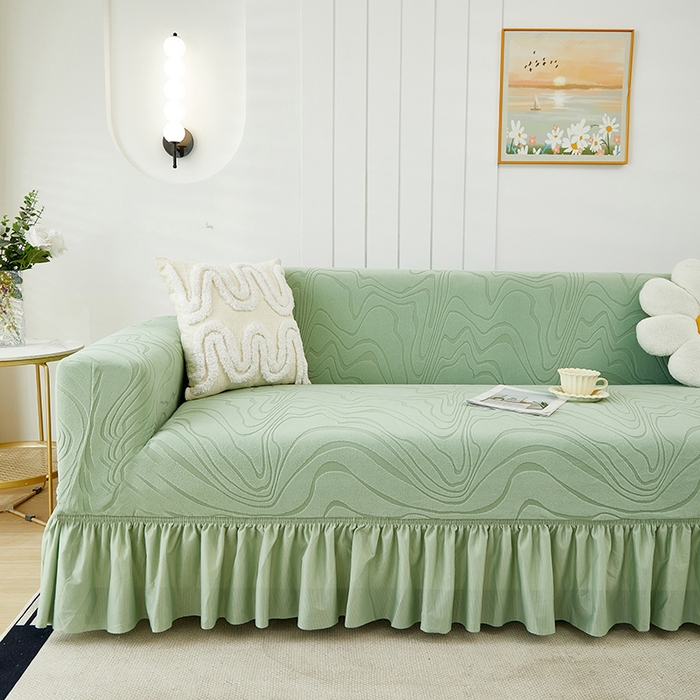 91家纺网 家纺一手货源 找家纺 丝绮鹿 2024新款雕花绒曲意系列沙发套裙边款（三人图） 草绿