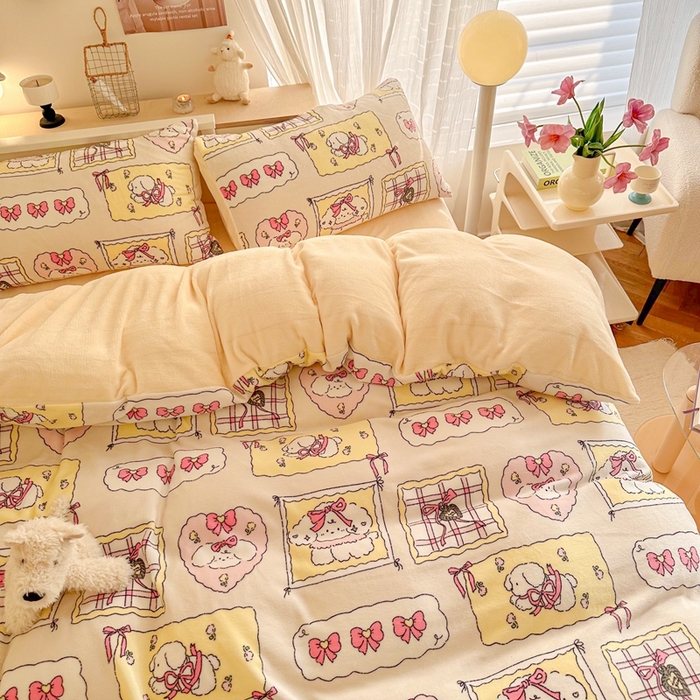 91家纺网 家纺一手货源 找家纺 呗旺鹿 2024新款高克重卡通印花毛巾绣牛奶绒四件套 蝴蝶结小狗-粉