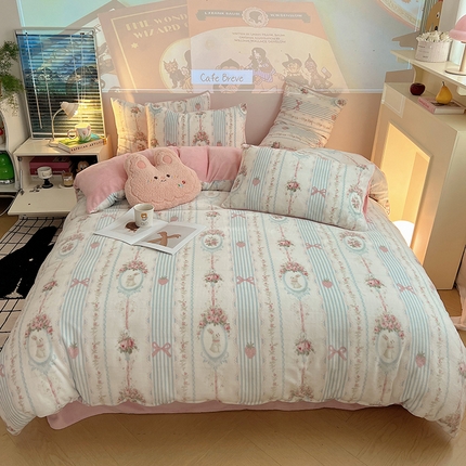 91家纺网 家纺一手货源 找家纺 （总）瑞莱 2024新款印花牛奶绒四件套-ins少女系列