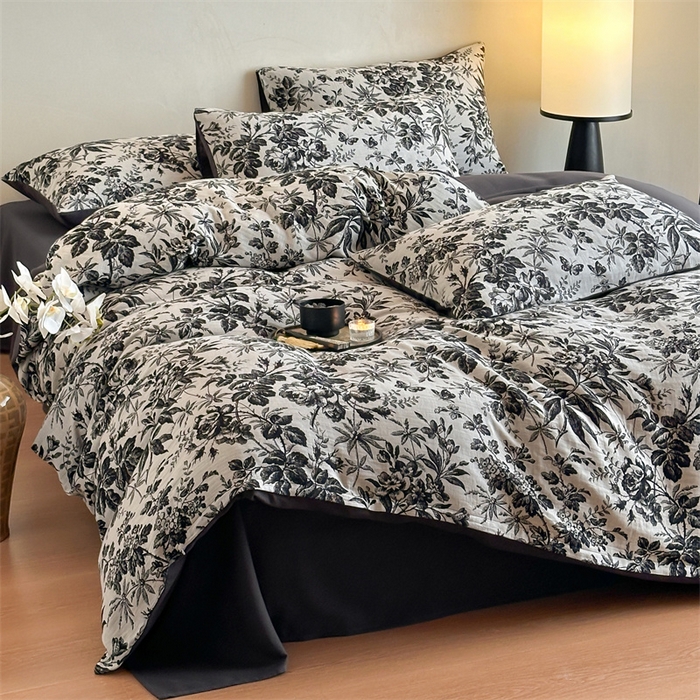 91家纺网 家纺一手货源 找家纺 梦享生活家居 2024新款双层纱黑灰提花系列四件套 黑茶花