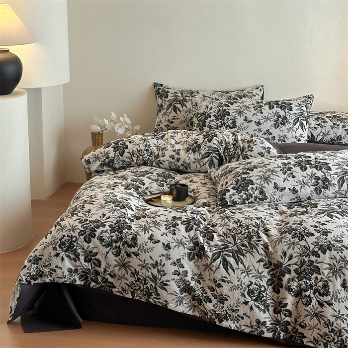 91家纺网 家纺一手货源 找家纺 梦享生活家居 2024新款双层纱黑灰提花系列四件套 黑茶花