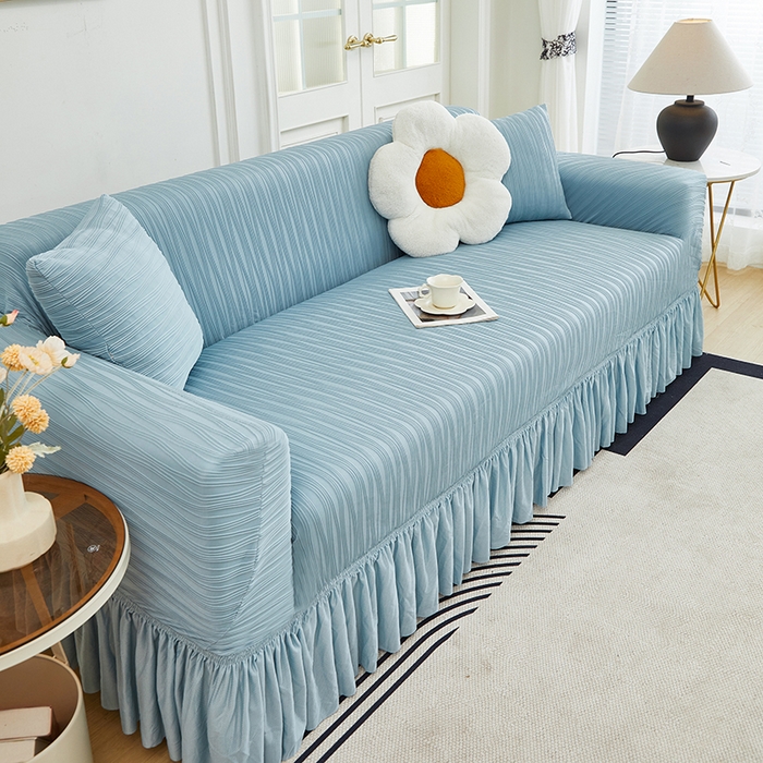 91家纺网 家纺一手货源 找家纺 丝绮鹿 2024新款提花绒水波纹系列沙发套裙摆宽（双人图） 雾蓝