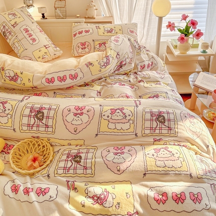 91家纺网 家纺一手货源 找家纺 呗旺鹿 2024新款高克重卡通印花毛巾绣牛奶绒四件套 蝴蝶结小狗-粉