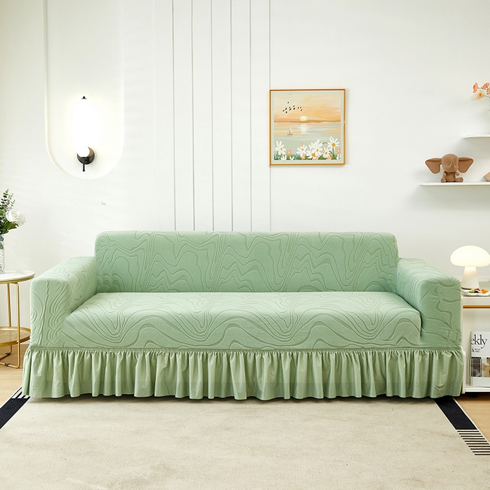 91家纺网 家纺一手货源 找家纺 丝绮鹿 2024新款雕花绒曲意系列沙发套裙边款（三人图） 草绿