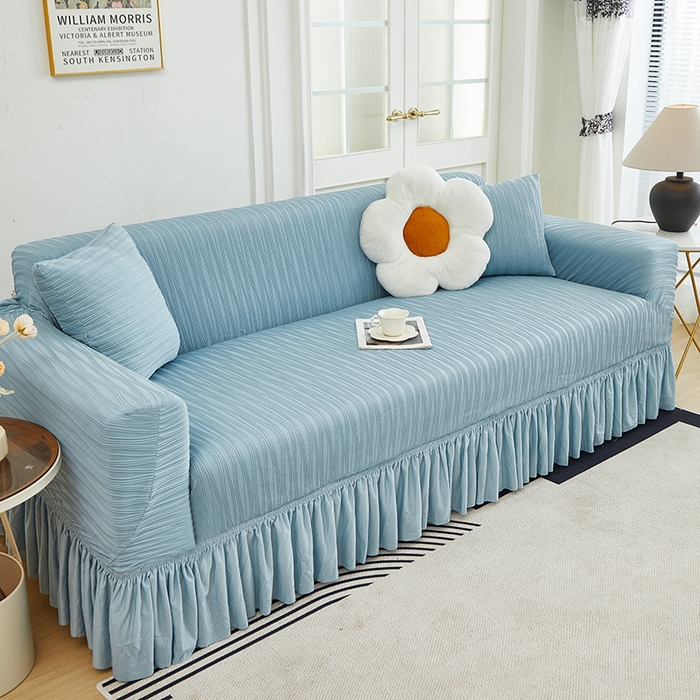 91家纺网 家纺一手货源 找家纺 丝绮鹿 2024新款提花绒水波纹系列沙发套裙摆宽（双人图） 雾蓝