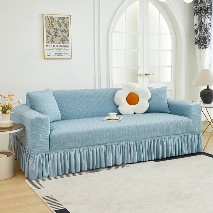 91家纺网 家纺一手货源 找家纺 丝绮鹿 2024新款提花绒水波纹系列沙发套裙摆宽（双人图） 雾蓝