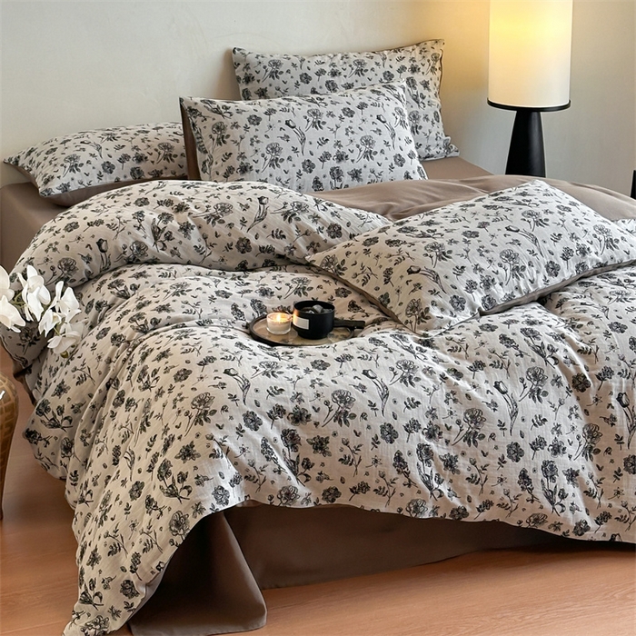 91家纺网 家纺一手货源 找家纺 （总）梦享生活家居 2024新款双层纱黑灰提花系列四件套