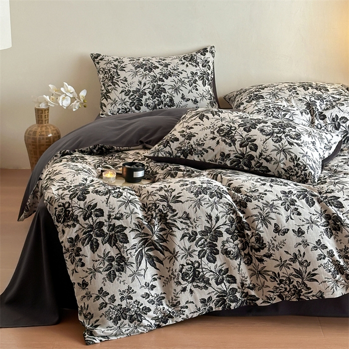 91家纺网 家纺一手货源 找家纺 梦享生活家居 2024新款双层纱黑灰提花系列四件套 黑茶花