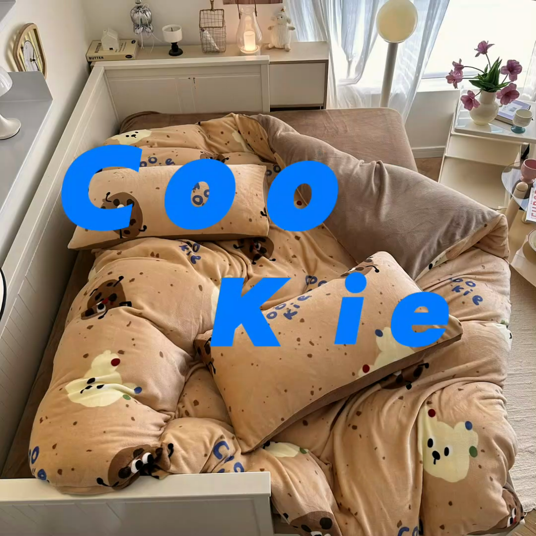 91家纺网 家纺一手货源 找家纺 呗旺鹿 2024新款高克重卡通印花毛巾绣牛奶绒四件套 萌宠曲奇