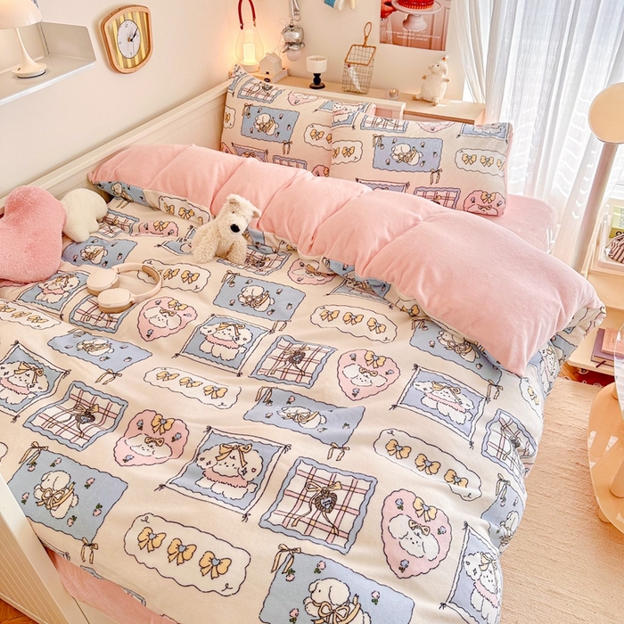 91家纺网 家纺一手货源 找家纺 呗旺鹿 2024新款高克重卡通印花毛巾绣牛奶绒四件套 蝴蝶结小狗-蓝