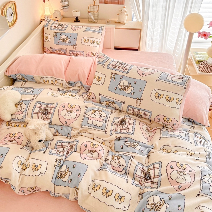 91家纺网 家纺一手货源 找家纺 呗旺鹿 2024新款高克重卡通印花毛巾绣牛奶绒四件套 蝴蝶结小狗-蓝