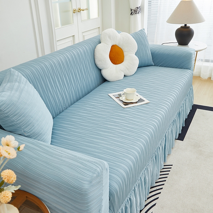 91家纺网 家纺一手货源 找家纺 丝绮鹿 2024新款提花绒水波纹系列沙发套裙摆宽（双人图） 雾蓝
