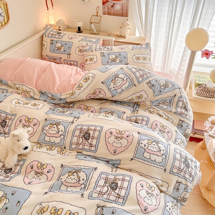 91家纺网 家纺一手货源 找家纺 呗旺鹿 2024新款高克重卡通印花毛巾绣牛奶绒四件套 蝴蝶结小狗-蓝