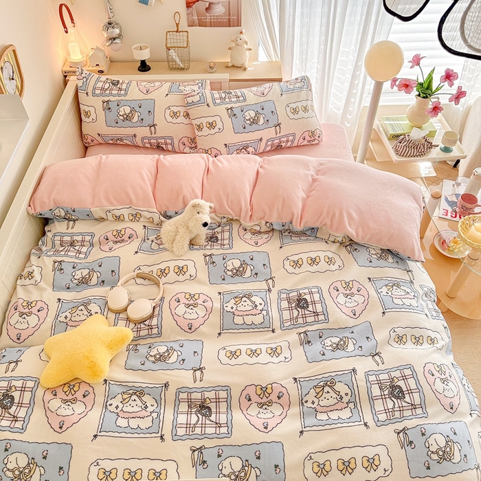 91家纺网 家纺一手货源 找家纺 呗旺鹿 2024新款高克重卡通印花毛巾绣牛奶绒四件套 蝴蝶结小狗-蓝