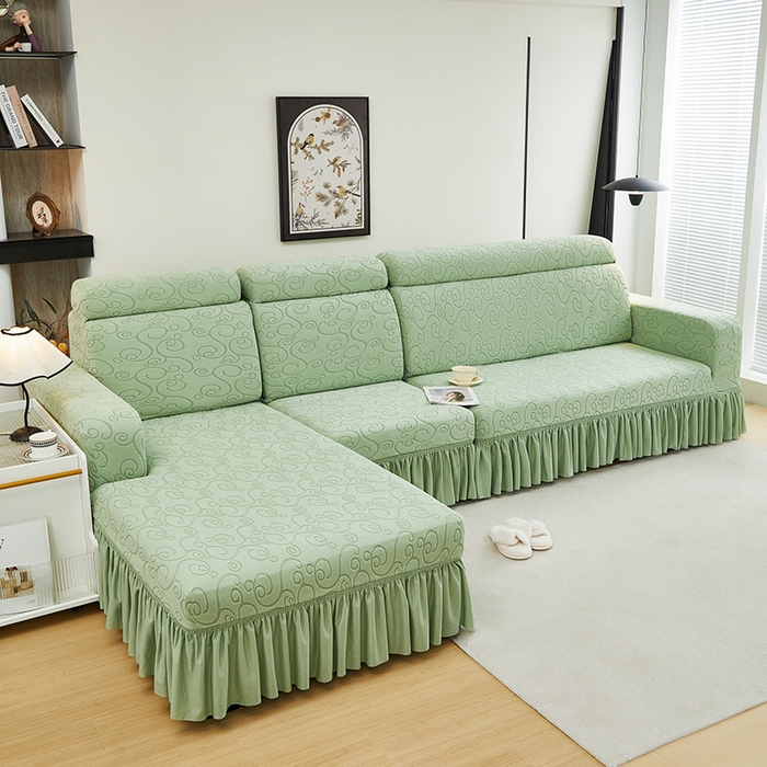 91家纺网 家纺一手货源 找家纺 丝绮鹿 2024新款雕花绒年华系列裙边沙发套（贵妃图） 草绿