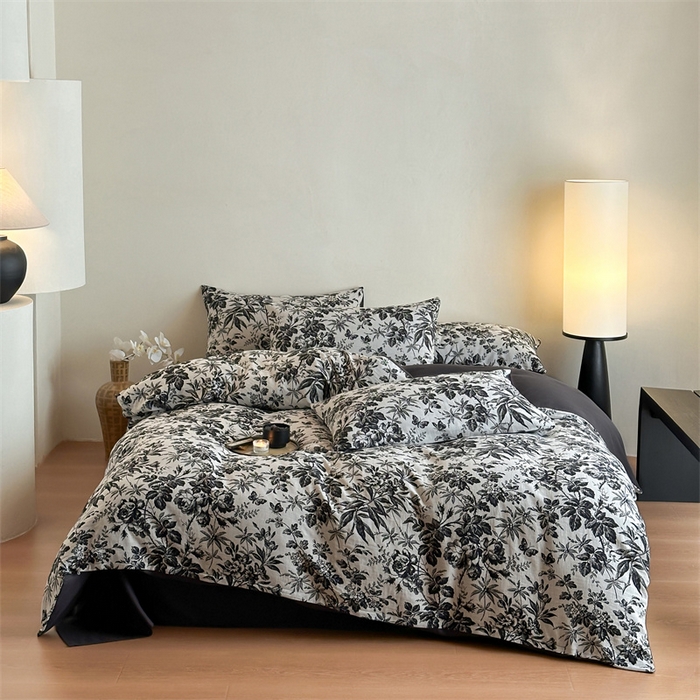 91家纺网 家纺一手货源 找家纺 梦享生活家居 2024新款双层纱黑灰提花系列四件套 黑茶花