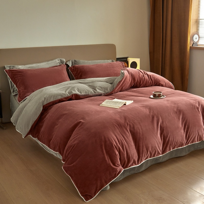 91家纺网 家纺一手货源 找家纺 万盛家纺 2025新款德芙绒牛奶绒法莱绒水晶绒双拼四件套 晨曦红-米灰