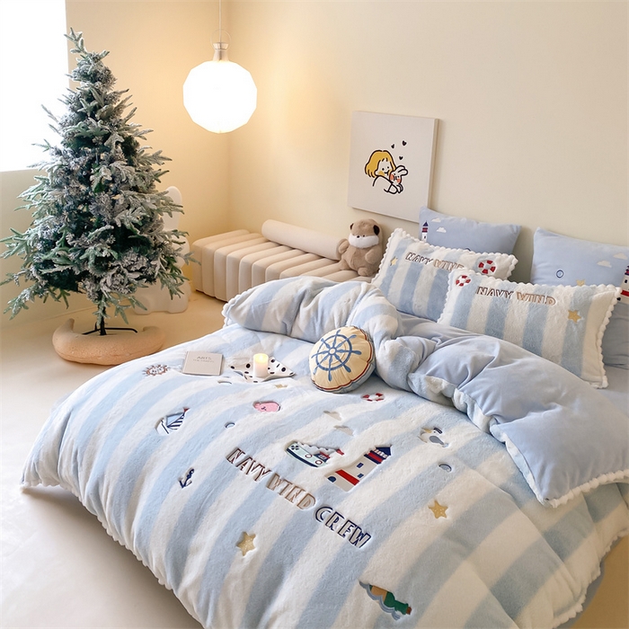 91家纺网 家纺一手货源 找家纺 （总）星野 2024新款高克重牛奶绒四件套-绒蓝色海洋