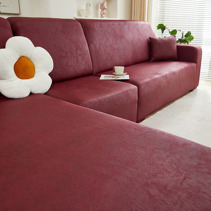 91家纺网 家纺一手货源 找家纺 2024新款防水皮革全包沙发套松紧款 酒红