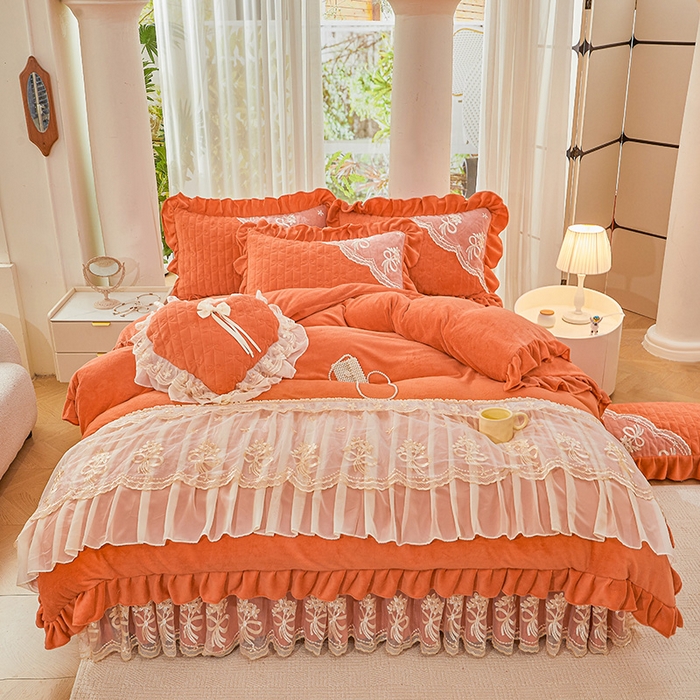 91家纺网 家纺一手货源 找家纺 2024新款加厚牛奶绒蕾丝刺绣床裙四件套-莫奈花园系列 莫奈花园-爱玛橙