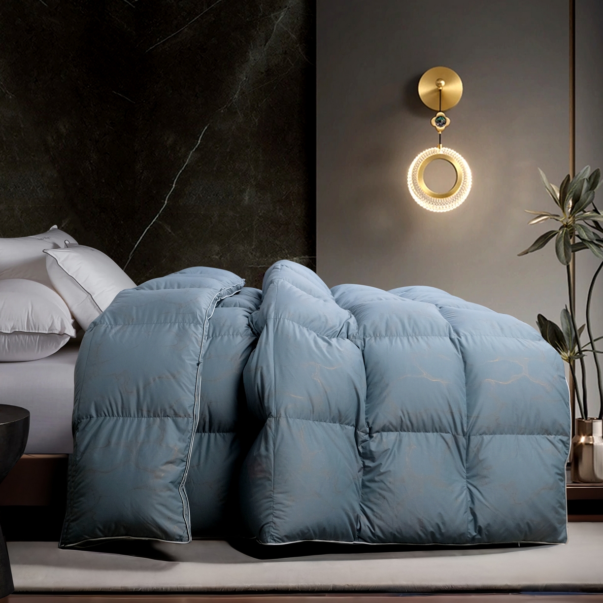 91家纺网 家纺一手货源 找家纺 兰言诺羽绒被 2025新款埃及棉95羽绒被被子被芯 蓝色